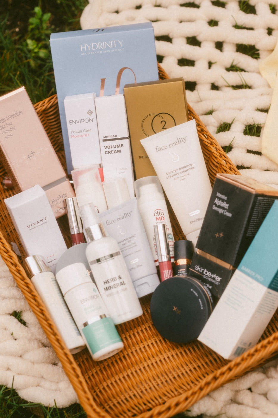 A basket of skincare products from Level Aesthetics